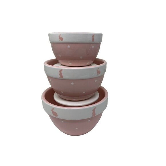 Terramoto Bunny Nesting Kitchen Bowls Easter Ceramic Stacking Spring Pink White - Picture 1 of 2